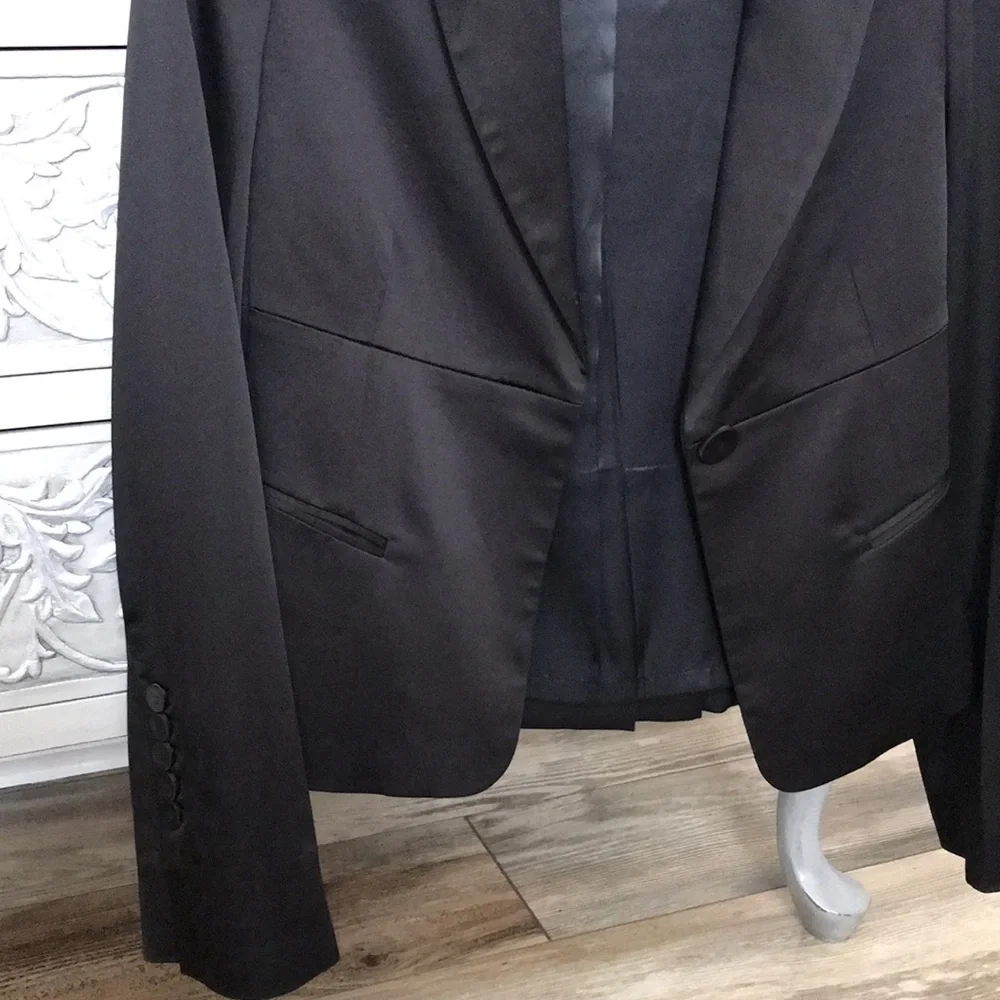 BCBG Satin Blazer Feminine Tuxedo with a Twist Black
